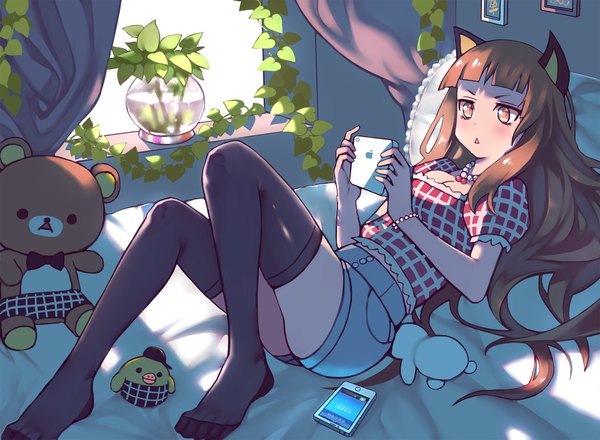 Anime picture 1920x1411 with original apple inc. zhuxiao517 single long hair blush fringe highres brown hair holding brown eyes animal ears looking away lying sunlight cat ears no shoes leg lift (legs lift) plaid girl