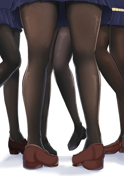 Anime picture 2039x2894 with original arikapu (alice beyond) tall image highres light erotic simple background standing white background multiple girls bent knee (knees) shadow from below standing on one leg head out of frame girl skirt uniform school uniform miniskirt pantyhose