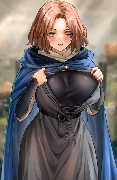 Anime picture 3000x4600 with elden ring melina (elden ring) enmanuelart20 single tall image looking at viewer blush fringe highres short hair breasts light erotic brown hair large breasts standing yellow eyes outdoors parted lips one eye closed wink
