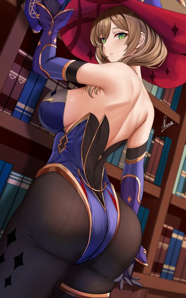 Anime picture 2500x4000 with genshin impact mona megistus lisa (genshin impact) piukute062 single long hair tall image looking at viewer blush fringe highres breasts light erotic hair between eyes brown hair large breasts standing green eyes signed ass