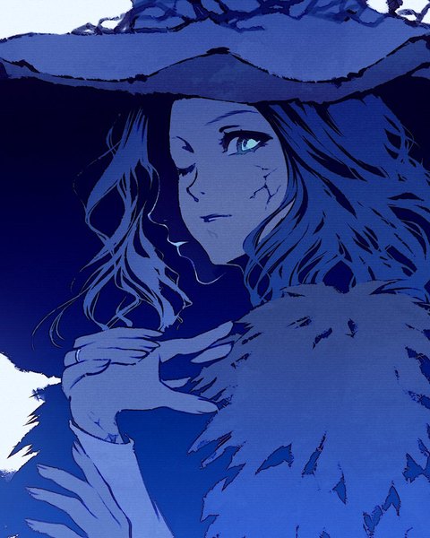 Anime picture 864x1080 with elden ring ranni the witch moshimoshibe single tall image looking at viewer short hair blue eyes blue hair upper body one eye closed witch blue skin extra arms girl hat ring witch hat