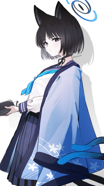 Anime picture 1080x1920 with blue archive kikyou (blue archive) komatsu (komatsuu123) single tall image looking at viewer short hair black hair simple background standing white background animal ears tail traditional clothes japanese clothes animal tail black eyes cat ears shadow cat girl