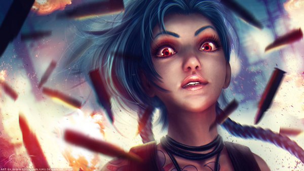 Anime picture 1920x1080 with league of legends jinx (league of legends) eddy-shinjuku single long hair looking at viewer highres red eyes wide image bare shoulders blue hair braid (braids) realistic tattoo twin braids face crazy crazy eyes girl pendant