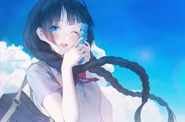 Anime picture 3980x2637 with original immi immi single long hair looking at viewer blush fringe highres open mouth blue eyes black hair smile holding signed absurdres sky cloud (clouds) upper body outdoors braid (braids)