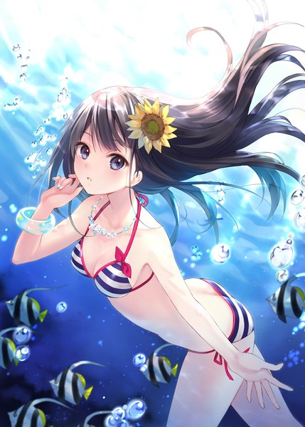 Anime picture 715x1000 with original fukahire (ruinon) single long hair tall image looking at viewer blue eyes light erotic black hair hair flower underwater girl hair ornament flower (flowers) swimsuit animal bikini bubble (bubbles) fish (fishes) sunflower