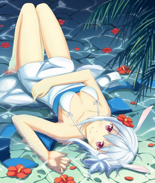 Anime picture 846x1000 with dj max suee keikei (kitty colors) single tall image looking at viewer fringe short hair breasts light erotic white hair lying barefoot hair flower light smile girl hair ornament flower (flowers) swimsuit water