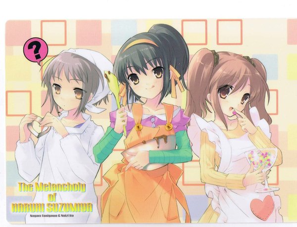 Anime picture 1524x1166 with suzumiya haruhi no yuutsu kyoto animation suzumiya haruhi nagato yuki asahina mikuru itou noiji official art girl food apron