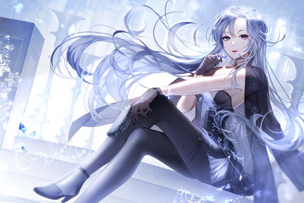 Anime picture 1920x1280 with original yu jiu single looking at viewer fringe highres blue eyes smile hair between eyes sitting holding silver hair bent knee (knees) indoors very long hair nail polish arm up wind high heels dutch angle