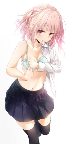 Anime picture 600x1187 with original wingheart single tall image blush highres short hair light erotic simple background smile white background bare shoulders pink hair braid (braids) pink eyes open clothes open shirt mouth hold undressing girl