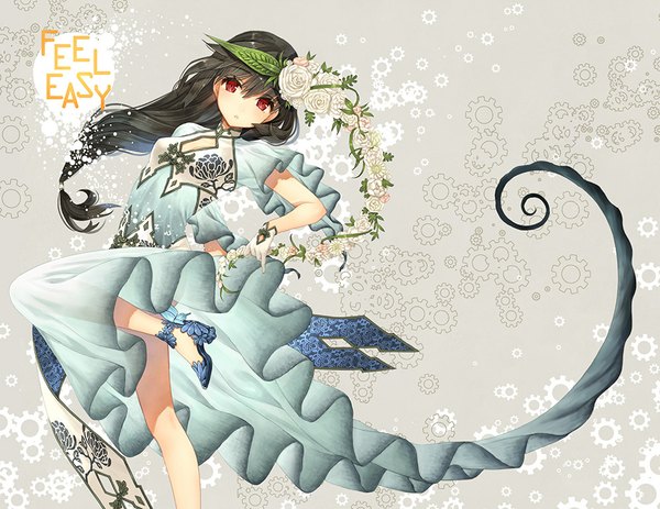 Anime picture 1000x773 with original kawaku single long hair looking at viewer blush fringe black hair red eyes standing parted lips hair flower bare legs high heels leaning standing on one leg girl dress gloves hair ornament