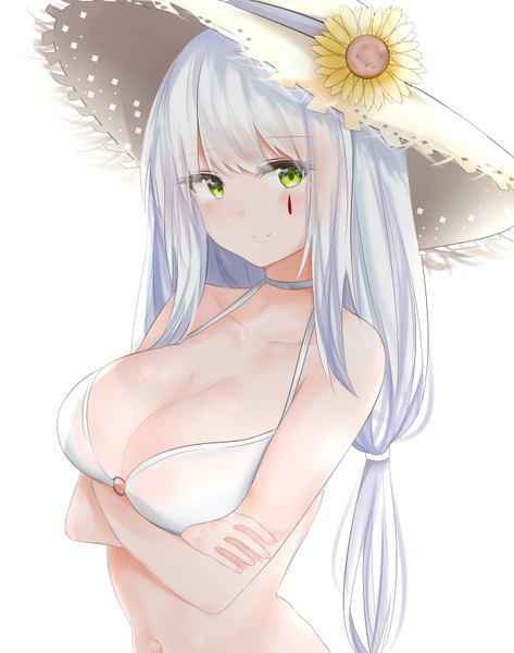 Anime picture 2600x3300 with girls frontline hk416 (girls frontline) ru zhai single long hair tall image looking at viewer blush fringe highres breasts light erotic simple background smile large breasts standing white background green eyes cleavage silver hair