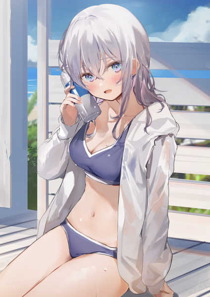 Anime picture 919x1300 with original kanda done single long hair tall image looking at viewer blush fringe breasts open mouth blue eyes light erotic hair between eyes sitting sky silver hair cloud (clouds) outdoors long sleeves head tilt
