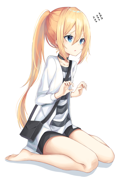 Anime picture 2140x3112 with satsuriku no tenshi ray (satsuriku no tenshi) yaya (yayaa 00) single long hair tall image blush fringe highres open mouth blue eyes simple background blonde hair hair between eyes white background sitting payot looking away full body barefoot