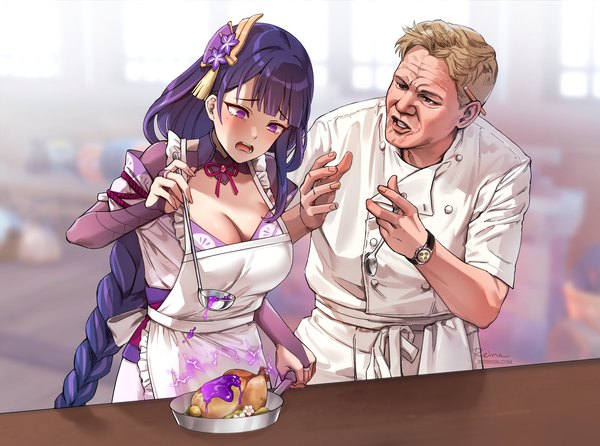 Anime picture 1615x1200 with hell's kitchen genshin impact real life raiden shogun gordon ramsay foxyrain long hair blush fringe short hair breasts open mouth blue eyes light erotic blonde hair large breasts standing purple eyes holding signed