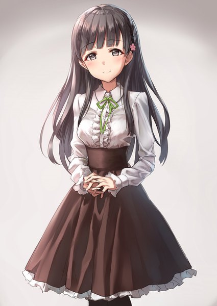 Anime picture 878x1240 with idolmaster idolmaster cinderella girls idolmaster cinderella girls starlight stage kobayakawa sae takeashiro single long hair tall image looking at viewer blush fringe black hair simple background brown eyes light smile interlocked fingers aikurushii (idolmaster) girl skirt uniform