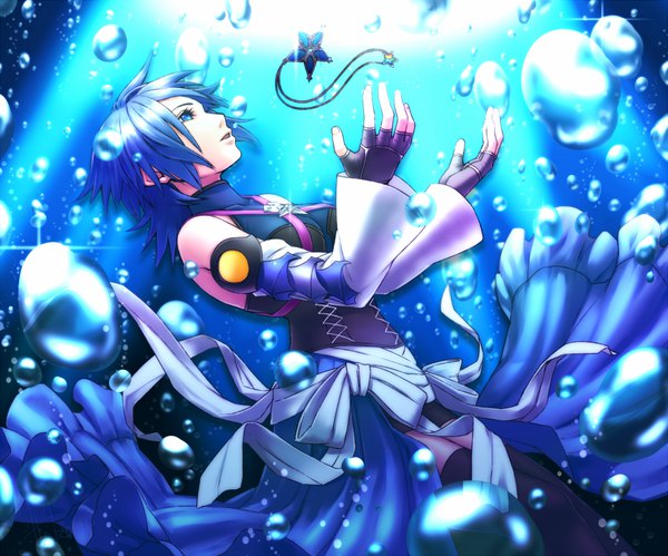 Anime picture 1000x833 with kingdom hearts square enix aqua (kingdom hearts) sonzaisinaimono single fringe short hair open mouth blue eyes blue hair profile sunlight wide sleeves looking up underwater girl thighhighs gloves ribbon (ribbons) black thighhighs