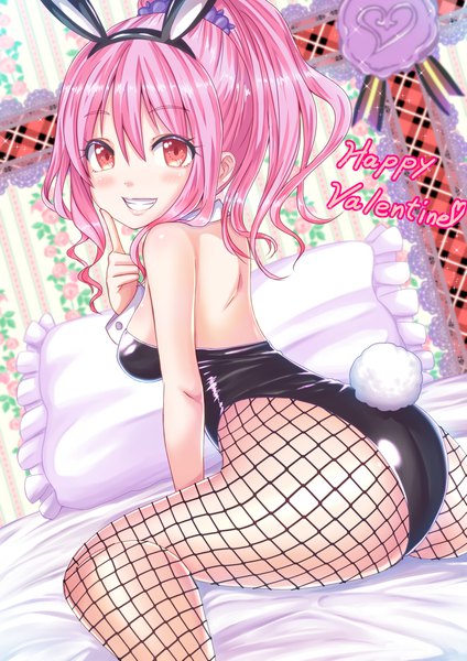 Anime picture 1447x2047 with original tenzeru single long hair tall image looking at viewer blush fringe breasts light erotic smile hair between eyes sitting bare shoulders animal ears pink hair ass ponytail indoors tail