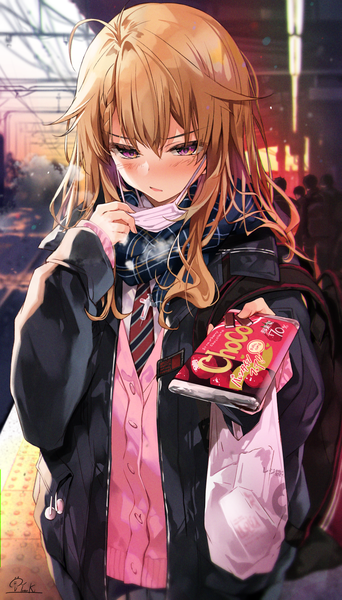 Anime picture 855x1500 with original moe2021 hirai yuzuki long hair tall image blush fringe hair between eyes brown hair purple eyes ahoge open jacket solo focus exhalation outstretched hand valentine mask pull girl uniform school uniform