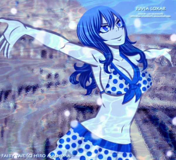 Anime picture 1000x907 with fairy tail juvia lockser seireiart single long hair blue eyes smile blue hair inscription armpit (armpits) midriff coloring spread arms polka dot girl navel