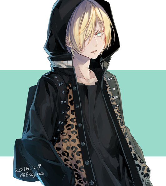 Anime picture 964x1086 with yuri!!! on ice mappa yuri plisetsky amaichi esora single tall image looking at viewer fringe short hair blue eyes blonde hair signed upper body hair over one eye open jacket twitter username dated hands in pockets animal print leopard print