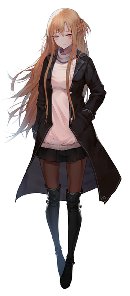 Anime picture 1723x3896 with sword art online a-1 pictures yuuki asuna erospanda single long hair tall image looking at viewer blush fringe highres simple background hair between eyes brown hair standing white background brown eyes full body braid (braids) open clothes