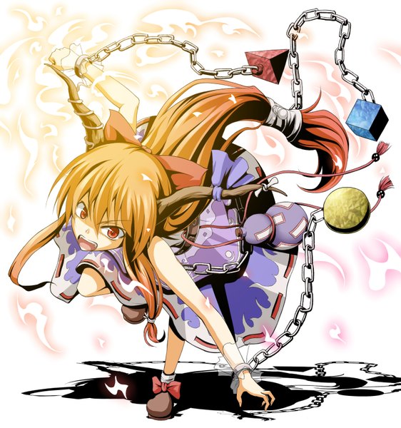 Anime picture 1500x1600 with touhou ibuki suika flask (pandora) single long hair tall image open mouth red eyes brown hair horn (horns) girl chain fire shackles