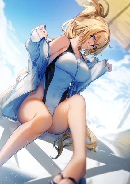 Anime-Bild 1400x1980 mit fate (series) fate/grand order jeanne d'arc (fate) (all) jeanne d'arc (swimsuit archer) kyouya (mukuro238) single long hair tall image looking at viewer fringe breasts blue eyes light erotic blonde hair hair between eyes large breasts sitting payot sky cloud (clouds)