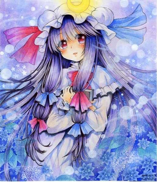 Anime picture 1288x1500 with touhou patchouli knowledge mosho single long hair tall image blush fringe red eyes signed looking away purple hair crescent traditional media watercolor (medium) girl dress flower (flowers) bow hair bow