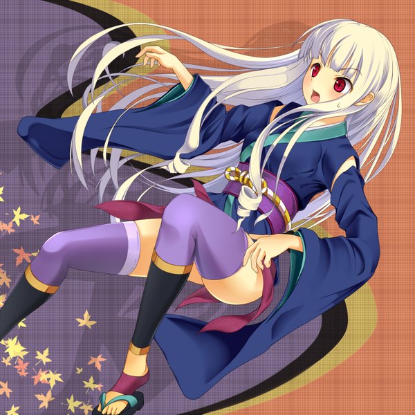 Anime picture 1500x1500 with katanagatari white fox togame supertie single long hair blush open mouth red eyes white hair japanese clothes + + girl thighhighs leaf (leaves) short kimono