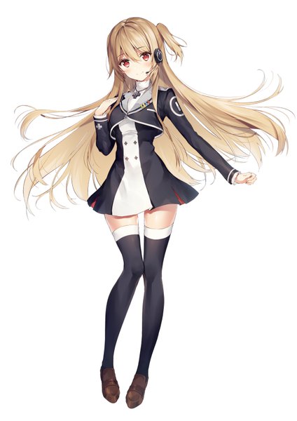 Anime picture 600x849 with virtual youtuber game club project yumesaki kaede necomi (gussan) single long hair tall image looking at viewer blush fringe blonde hair simple background smile hair between eyes red eyes standing white background full body long sleeves head tilt