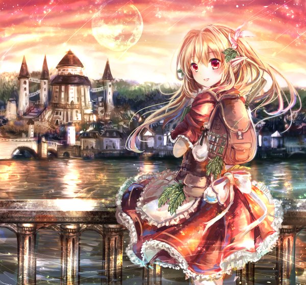 Anime picture 1419x1325 with original rudia single long hair looking at viewer blush blonde hair red eyes pointy ears turning head fantasy river girl dress bow ribbon (ribbons) water frills leaf (leaves) moon