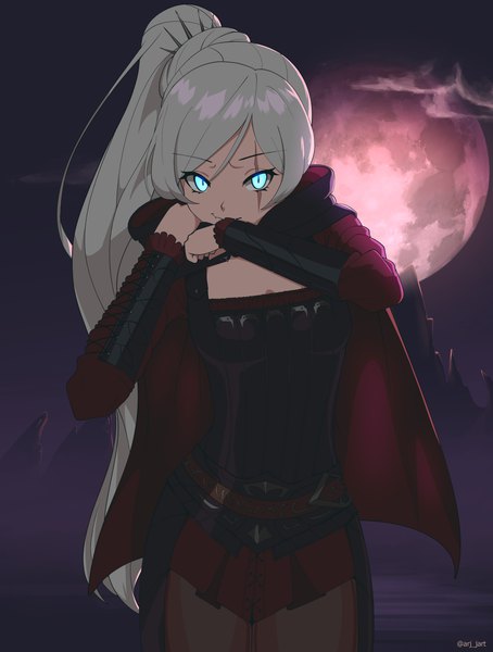 Anime-Bild 3100x4093 mit rwby rooster teeth weiss schnee ar jart single long hair tall image looking at viewer highres breasts smile signed absurdres silver hair aqua eyes night fang (fangs) twitter username side ponytail glowing