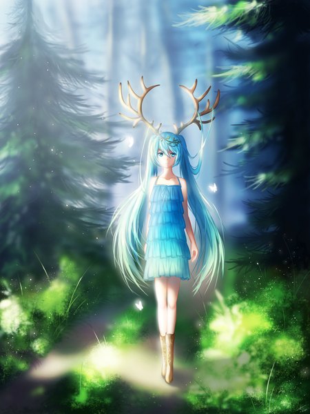 Anime picture 1500x2000 with vocaloid hatsune miku kkorichan single long hair tall image looking at viewer fringe hair between eyes twintails bare shoulders payot full body horn (horns) aqua eyes sunlight blurry aqua hair shadow walking