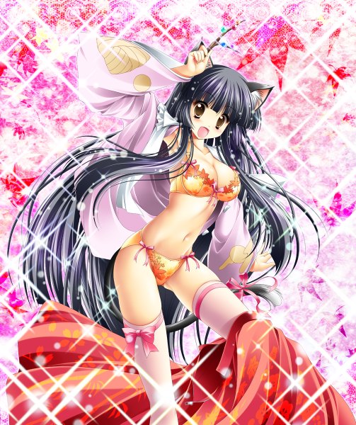 Anime picture 1006x1200 with touhou houraisan kaguya kamiya tomoe long hair tall image blush open mouth light erotic black hair brown eyes animal ears traditional clothes cat ears cat girl cat tail miko girl thighhighs navel underwear