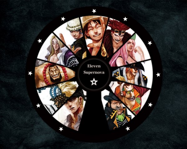 Anime picture 1280x1025 with one piece toei animation monkey d. luffy roronoa zoro trafalgar law jewelry bonnie eustass kid basil hawkins killer (one piece) scratchmen apoo x drake urouge capone gang bege lack long hair short hair black hair simple background blonde hair smile
