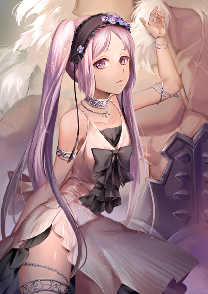 Anime picture 700x990 with fate (series) fate/grand order fate/hollow ataraxia euryale (fate) asterios (fate/grand order) kesaharus long hair looking at viewer fringe standing purple eyes twintails bare shoulders payot pink hair parted lips shiny skin scar side slit muscle
