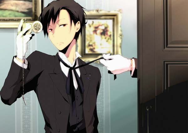 Anime picture 1030x731 with durarara!! brains base (studio) orihara izaya short hair black hair red eyes butler boy gloves suit clock pocket watch door