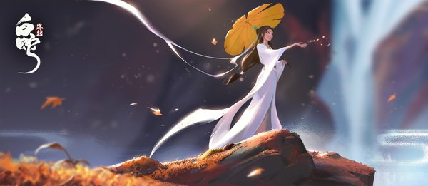 Anime picture 1920x837 with hakujaden toei animation bai niang xuwenxu single long hair highres brown hair wide image standing holding brown eyes looking away outdoors traditional clothes wind wide sleeves depth of field outstretched arm hieroglyph