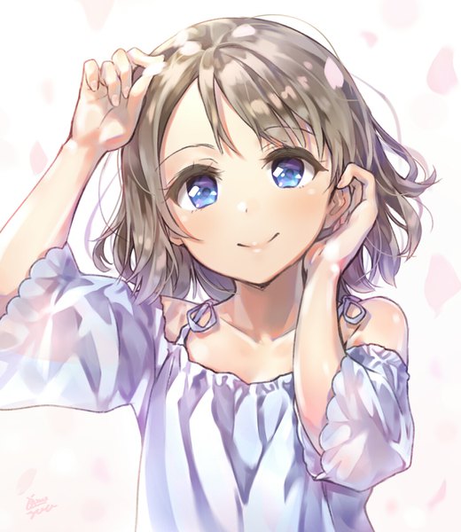 Anime picture 1143x1320 with love live! sunshine!! sunrise (studio) love live! watanabe you takenoko no you single tall image looking at viewer blush short hair blue eyes smile brown hair bare shoulders signed upper body girl petals