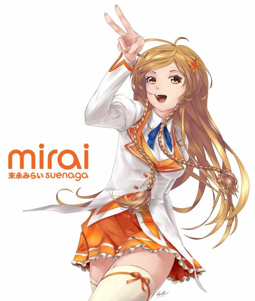 Anime picture 937x1107 with mirai millenium suenaga mirai saiki2 single long hair tall image looking at viewer open mouth simple background blonde hair standing white background brown eyes signed braid (braids) pleated skirt inscription twin braids victory happy