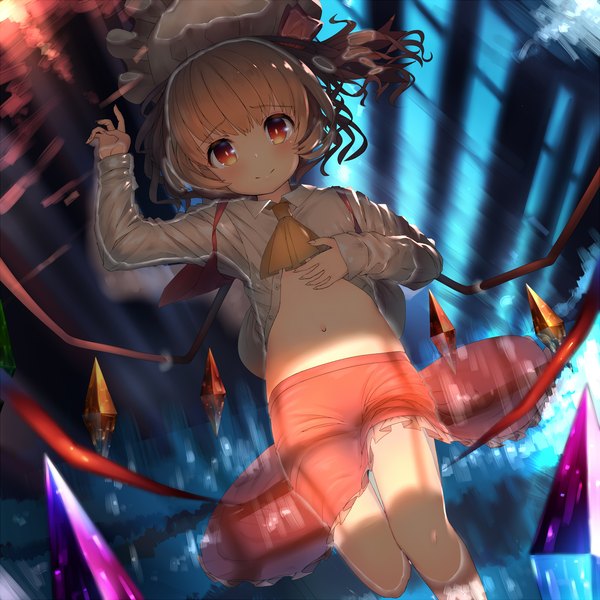 Anime picture 2000x2000 with touhou flandre scarlet adukikumanoi single looking at viewer blush fringe highres short hair light erotic blonde hair smile red eyes long sleeves fingernails bare belly embarrassed one side up partially submerged flat chest