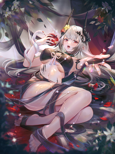 Anime picture 1875x2500 with arknights mudrock (arknights) mudrock (silent night) (arknights) culiu single long hair tall image highres breasts open mouth light erotic red eyes silver hair barefoot horn (horns) bare legs sparkle official alternate costume underboob outstretched hand