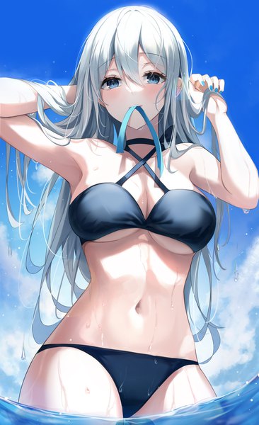 Anime picture 3662x6000 with original gongha single long hair tall image looking at viewer blush fringe highres breasts blue eyes light erotic hair between eyes large breasts standing holding absurdres sky cleavage silver hair