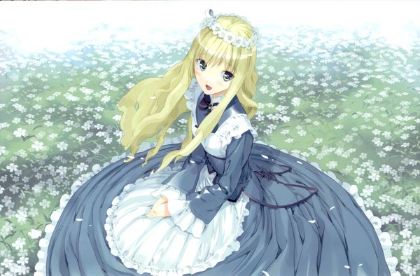 Anime picture 3502x2305 with alice in wonderland alice (wonderland) ueda ryou single long hair looking at viewer blush highres open mouth blue eyes blonde hair smile sitting absurdres hair flower happy field girl dress hair ornament