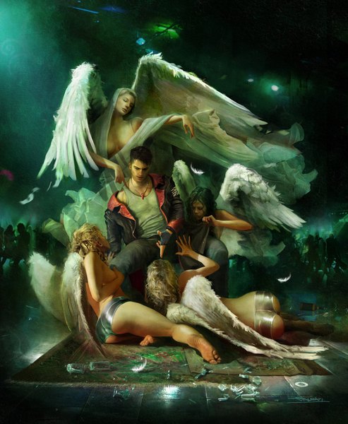 Anime picture 1697x2067 with devil may cry dante (devil may cry) tall image short hair black hair blonde hair brown hair sitting multiple girls lying eyes closed realistic back group angel girl boy wings pendant feather (feathers)