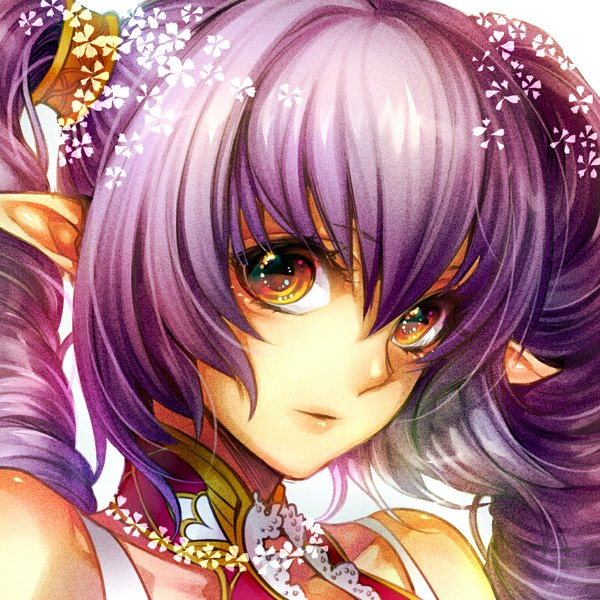 Anime picture 1024x1024 with original tayuya1130 single long hair simple background white background twintails bare shoulders purple hair pointy ears drill hair close-up multicolored eyes girl flower (flowers)