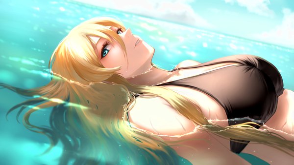 Anime picture 2000x1125 with azur lane bismarck (azur lane) lyche (cramcell) single long hair looking at viewer fringe highres breasts blue eyes light erotic blonde hair hair between eyes wide image large breasts sky cloud (clouds) outdoors parted lips wet