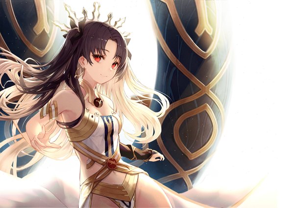 Anime-Bild 1839x1300 mit fate (series) fate/grand order ishtar (fate) yohaku single long hair looking at viewer fringe highres breasts light erotic black hair simple background red eyes white background bare shoulders cleavage light smile two side up floating hair