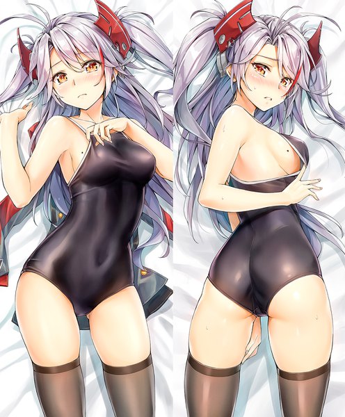 Anime picture 1200x1450 with azur lane prinz eugen (azur lane) kotatsu (kotatsu358) long hair tall image looking at viewer blush fringe breasts light erotic hair between eyes payot silver hair ahoge ass lying parted lips mole on back orange eyes