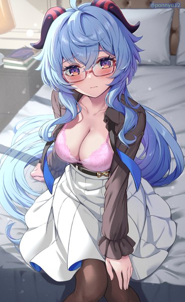 Anime picture 920x1500 with genshin impact ganyu (genshin impact) ganyu (china merchants bank) (genshin impact) ponnyu12 single long hair tall image looking at viewer blush fringe breasts light erotic hair between eyes large breasts sitting purple eyes signed blue hair cleavage ahoge